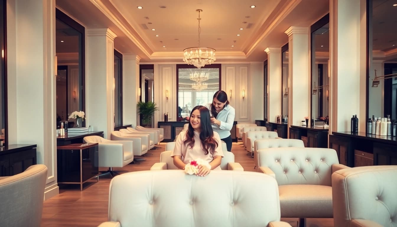 Inside a luxury hair salon showcasing elegant decor, relaxing atmosphere, and a stylist serving a client.