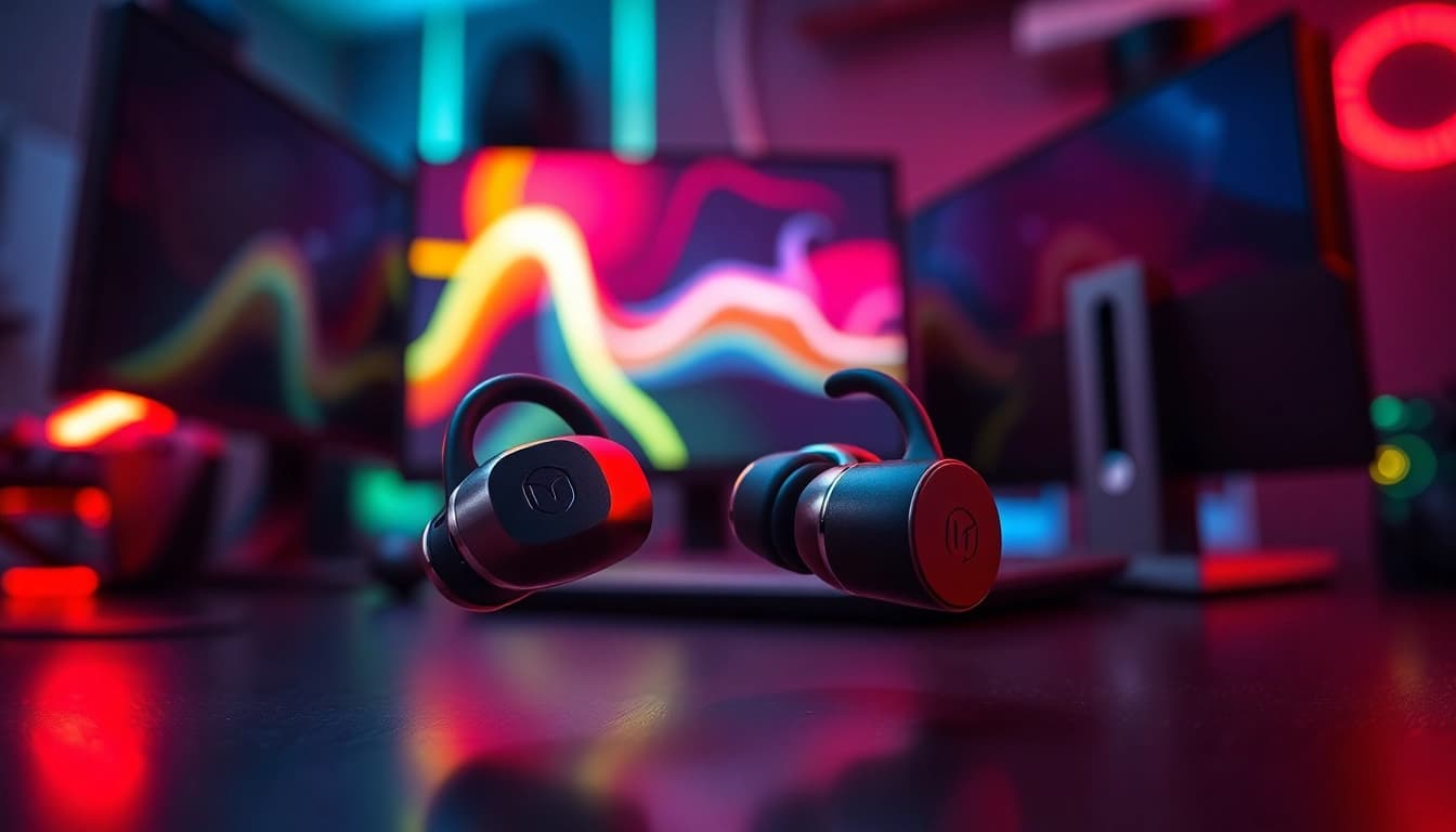 Experience the exceptional sound quality of PRO60 Gaming Earbuds in a vibrant gaming setup.