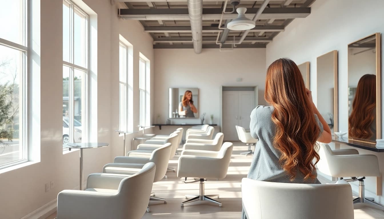 The interior of the best hair salon featuring modern design and a stylist at work.