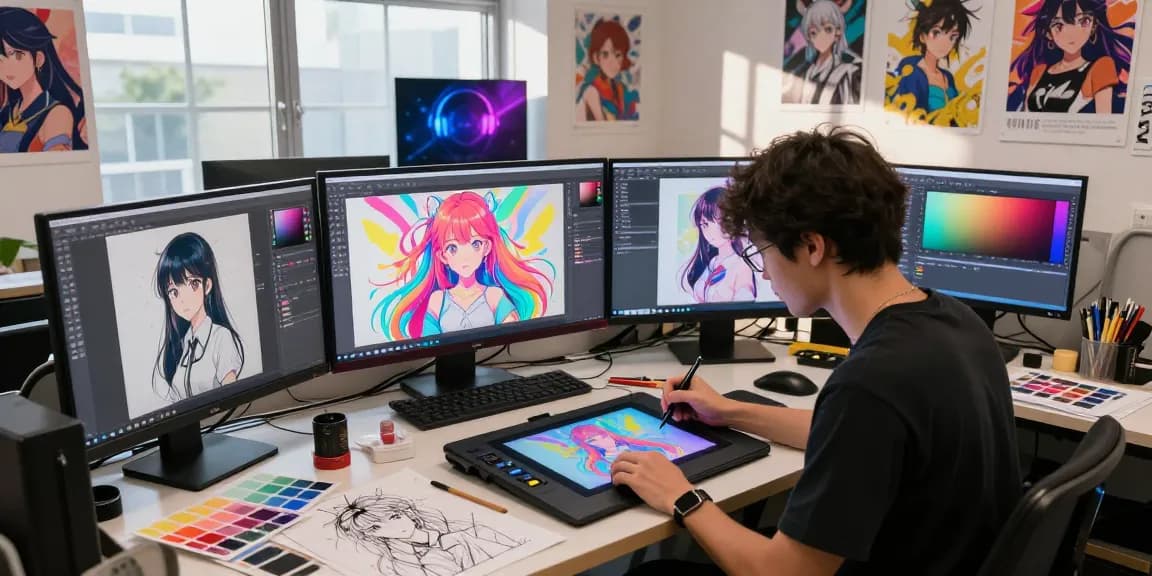 Artist creating ai ecchi digital illustrations in a vibrant studio space, showcasing creativity and inspiration.