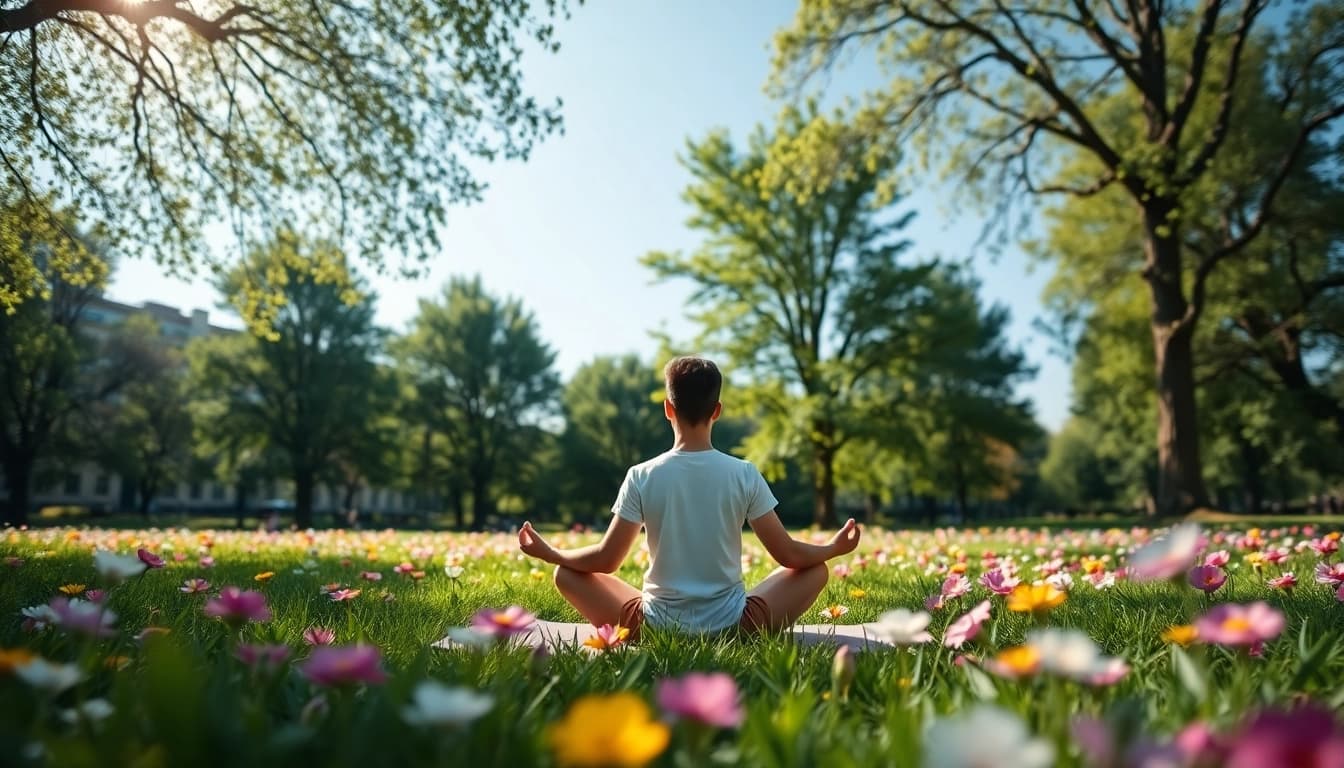 Promoting mental wellness through serene meditation in a tranquil park setting.