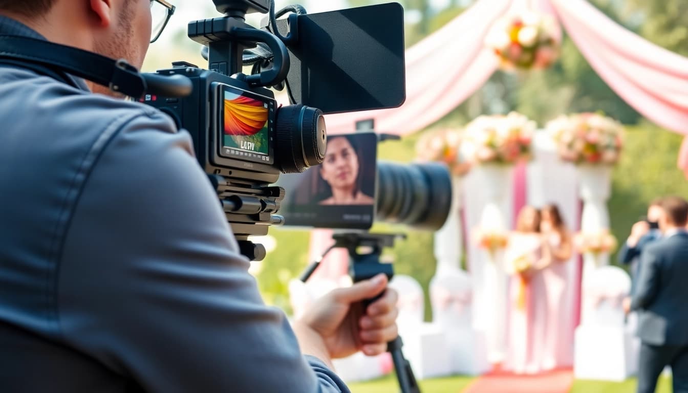Experience Event videography at a lively outdoor wedding with a skilled videographer in action.