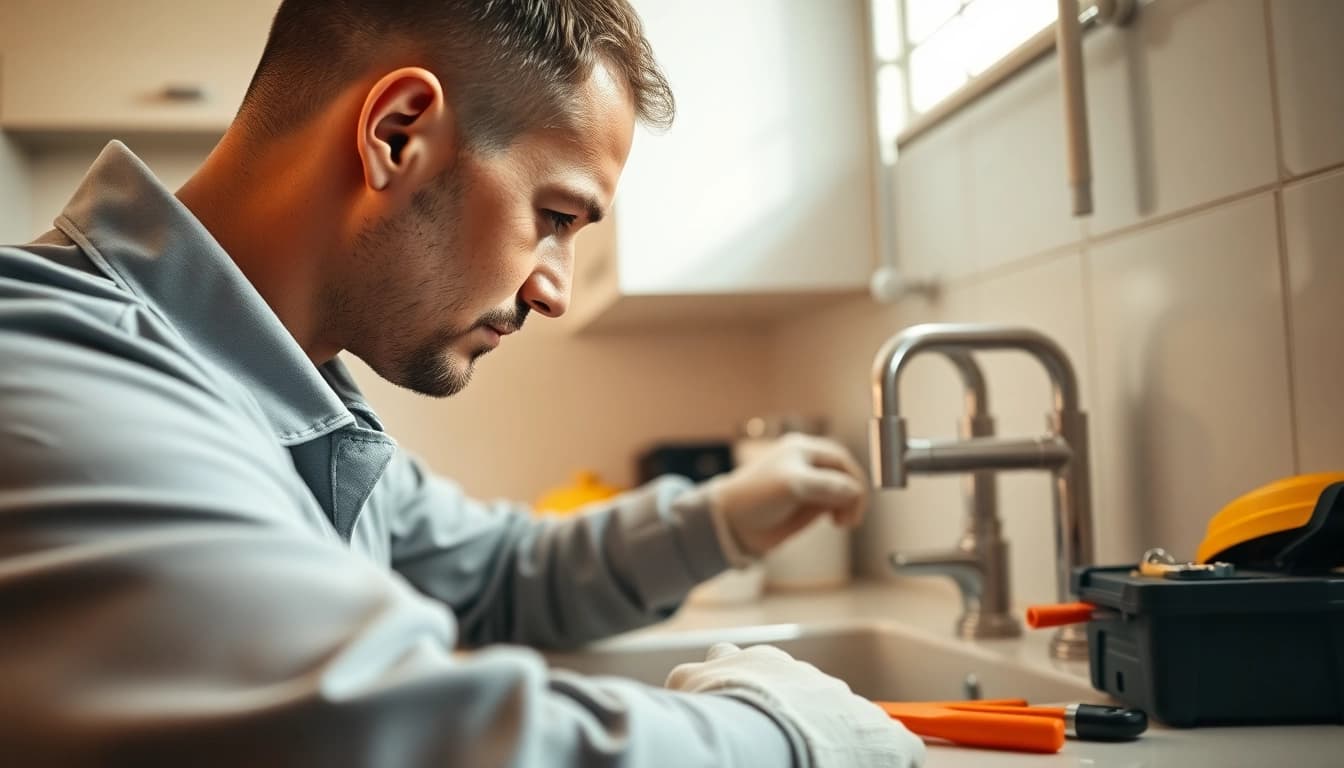 Plumber near me repairing a sink in a bright, modern kitchen with tools scattered around.