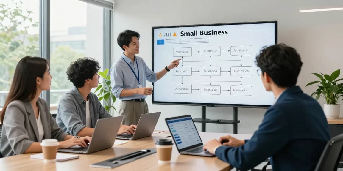 Team discussing ai automations for small business in a modern office setting