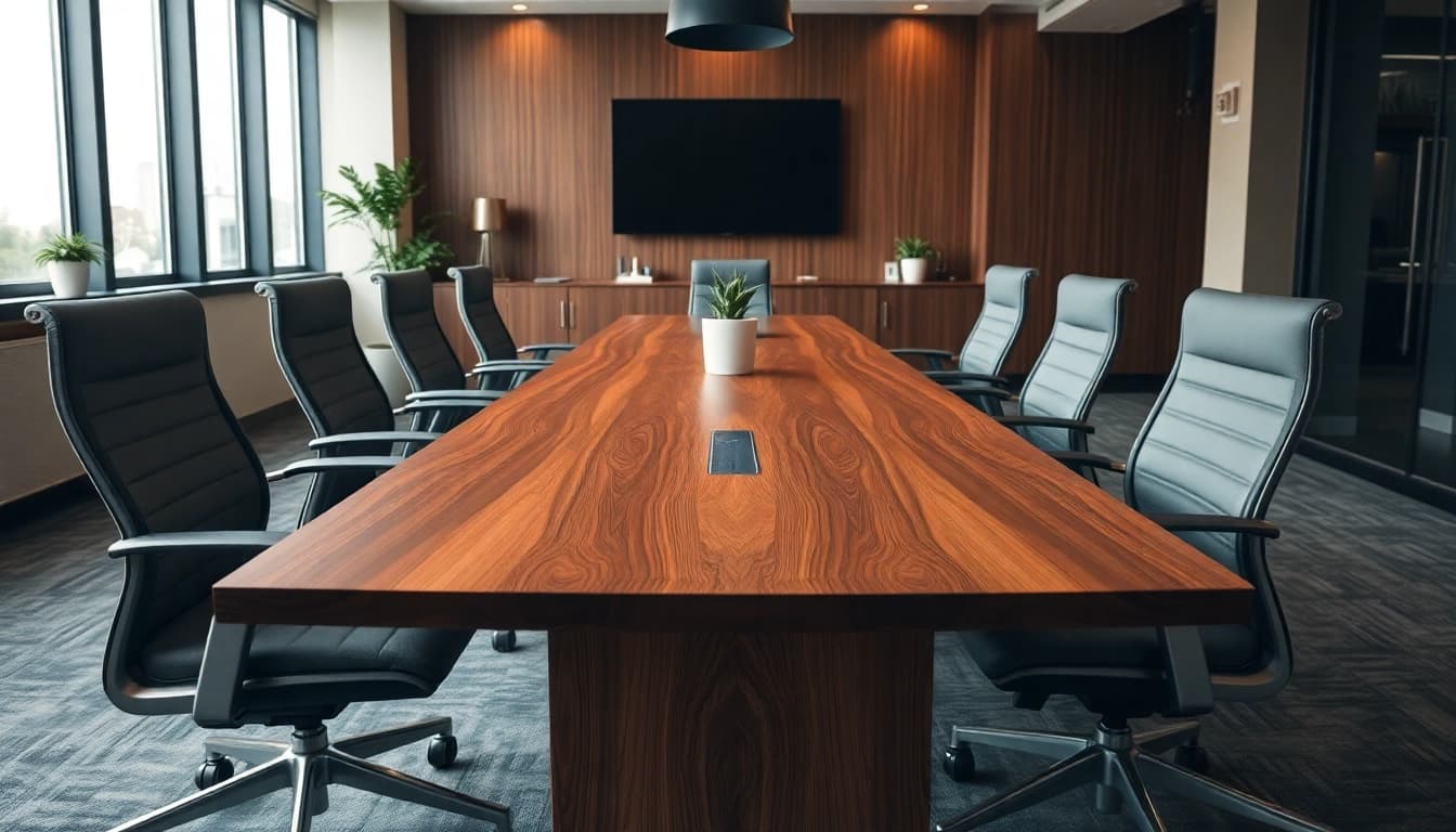 Stylish conference table crafted from solid hardwood, featuring natural grain and smart power integration in a professional office setting.