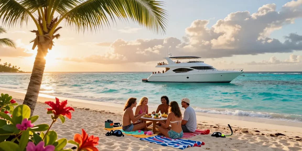 Punta Cana yacht rental experience with friends enjoying a luxurious meal on a private yacht at sunset.