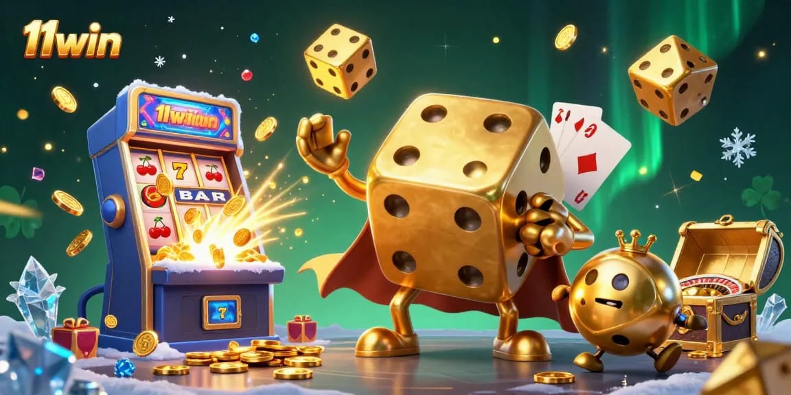 Experience the excitement of 11win with vibrant 3D casino art showcasing dynamic gaming elements.