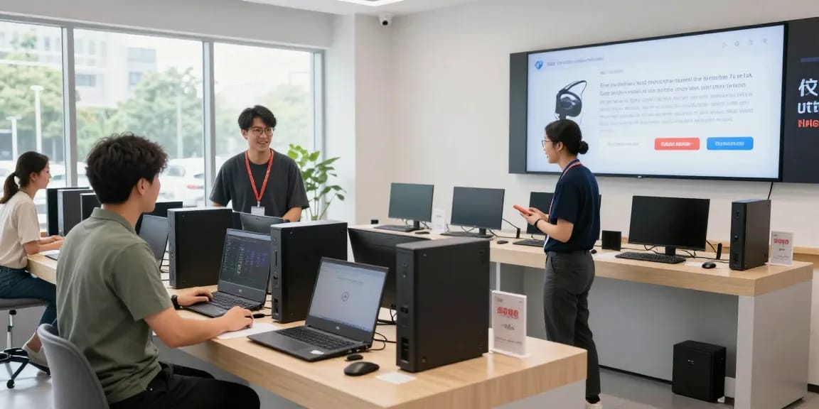 Refurbished PC showroom with customers exploring quality desktop and laptop options.