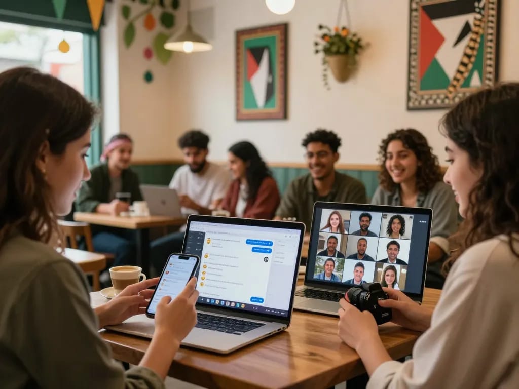 Dردشة فلسطين scene of friends chatting joyfully in a cozy café setting, showcasing community connection and lively digital interaction.