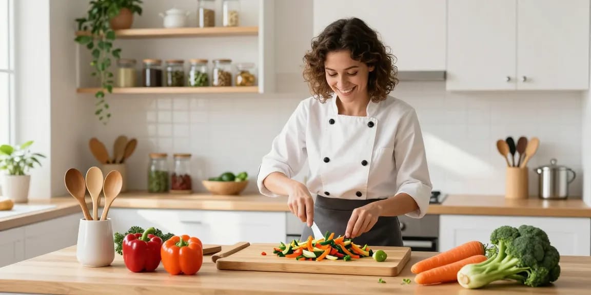 Home cook preparing on bamboo cutting boards in a modern kitchen, surrounded by fresh vegetables and organized cooking tools.