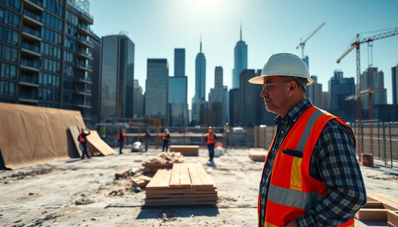 New York City General Contractor overseeing a construction site with city skyline.