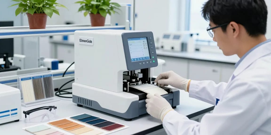 Technician using the ElmenGuide Elmendorf tear tester for accurate elmendorf tear strength measurements in a modern lab environment.