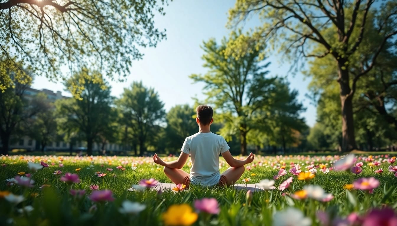 Promoting mental wellness through serene meditation in a tranquil park setting.