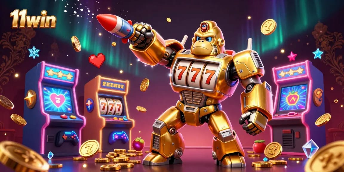 11win showcases a dynamic 3D transformation with golden gorilla mech, slot machine elements, and vibrant casino games.