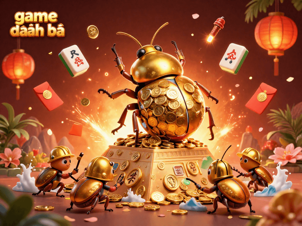 Experience game đánh bài in a vibrant 3D scene featuring a golden dung beetle and dynamic casino elements.