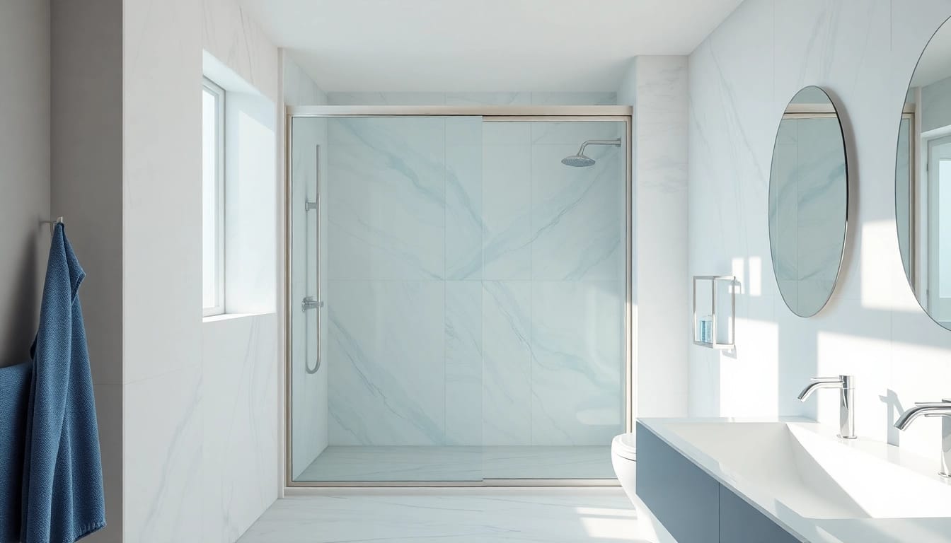 Showcase stylish shower sliding doors in a modern bathroom setting with natural lighting.