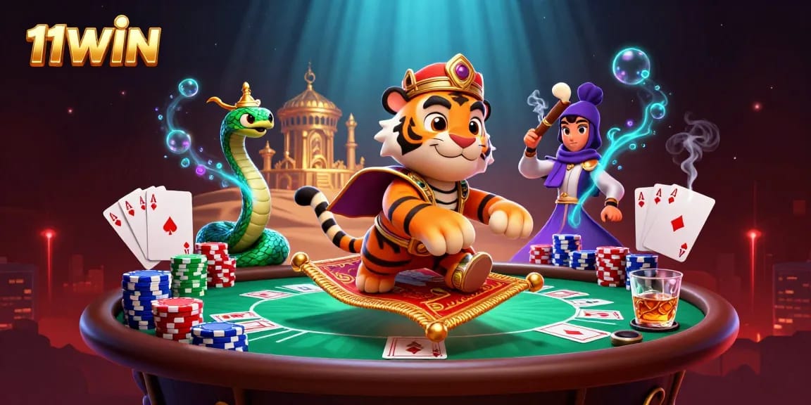 Experience the thrill of 11WIN with a dynamic illustration featuring casino elements.