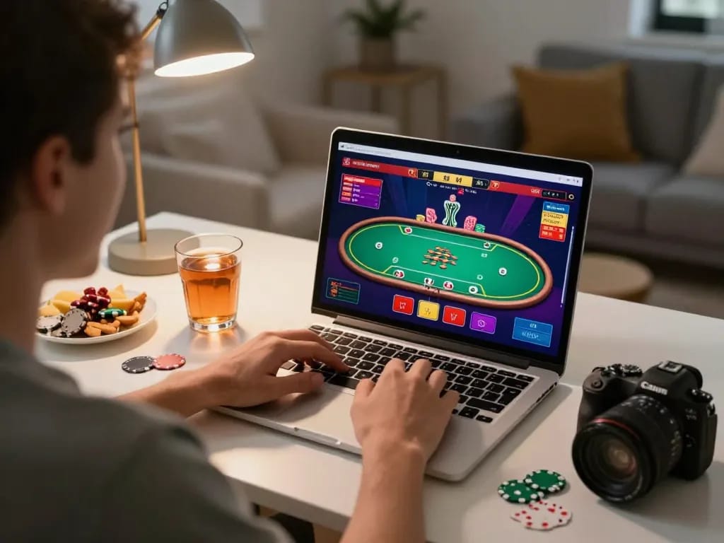 Player enjoying LV88 online poker game on laptop at home, showcasing strategic gaming moment