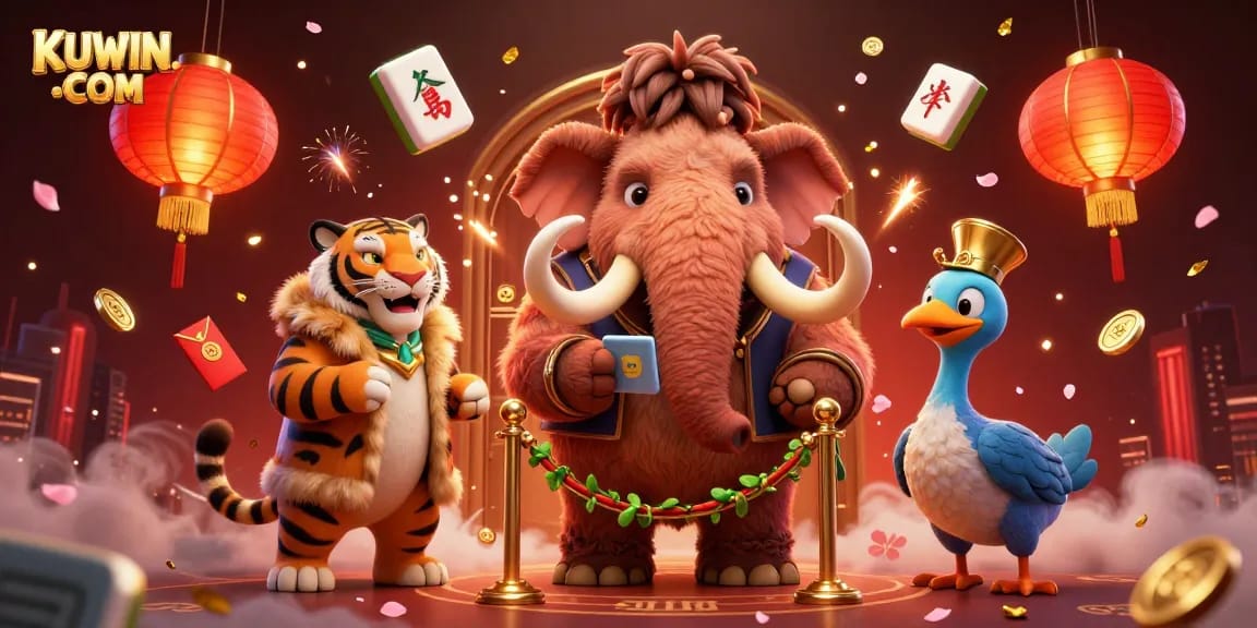 Experience the vibrant excitement of KUWIN. COM with a 3D casino scene featuring unique characters and festive elements.