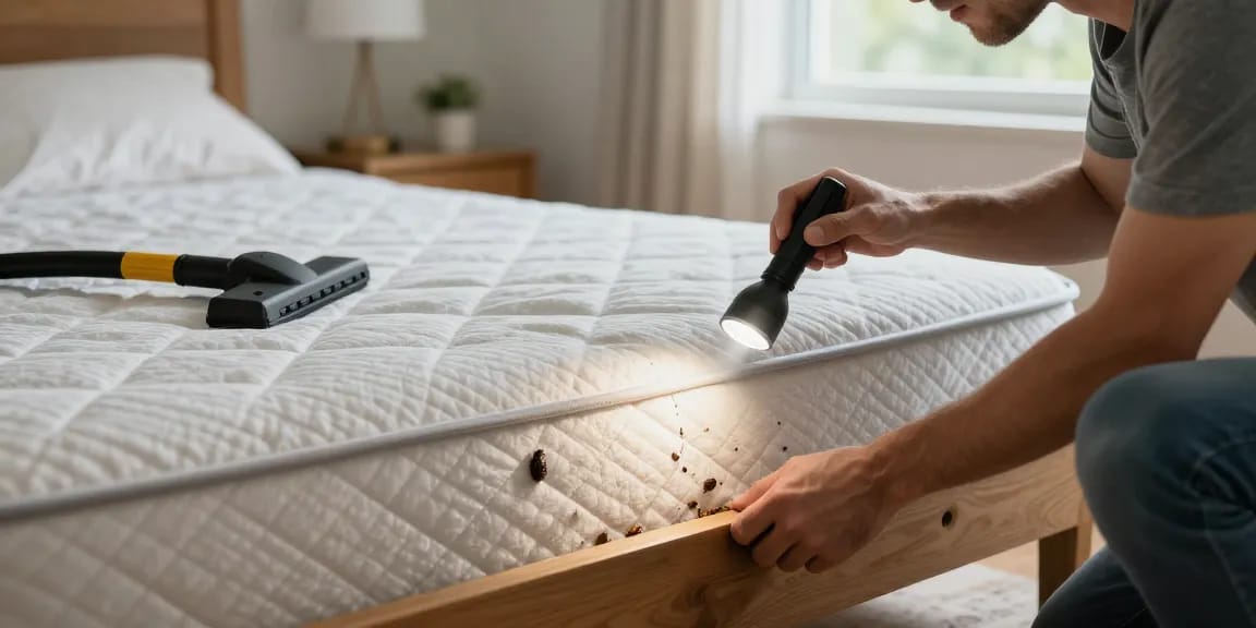 Homeowner inspecting mattress for bed bug control, highlighting signs of infestation.