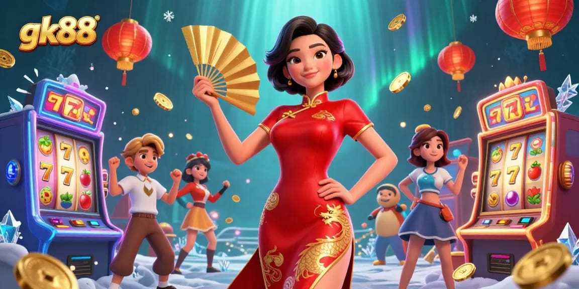 Experience gk88's thrilling jackpot excitement with a vibrant casino scene featuring stunning characters.