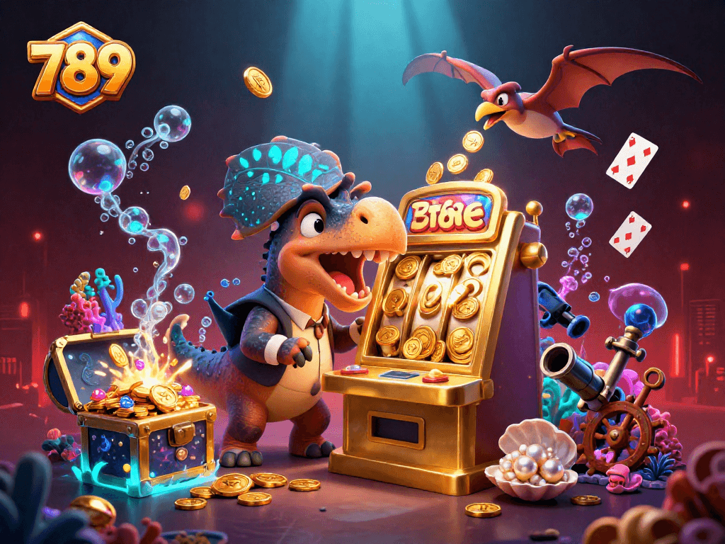 789 interactive slot adventure with dinosaurs collecting coins in a colorful casino scene