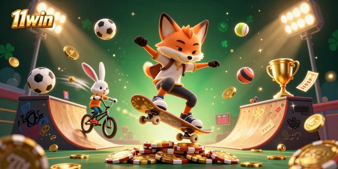 11win showcases thrilling gaming action with a dynamic skateboard fox and BMX rabbit amidst vibrant casino elements.