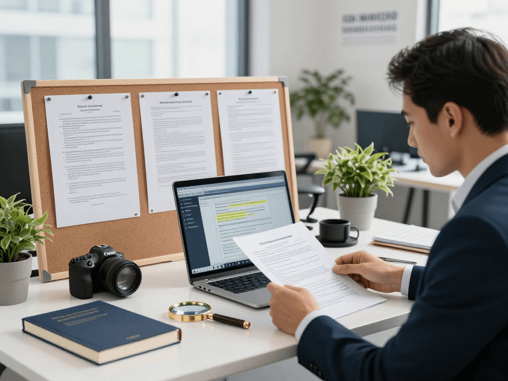 Document fraud detection analysis in a modern office setting, showcasing tools and suspicious documents.