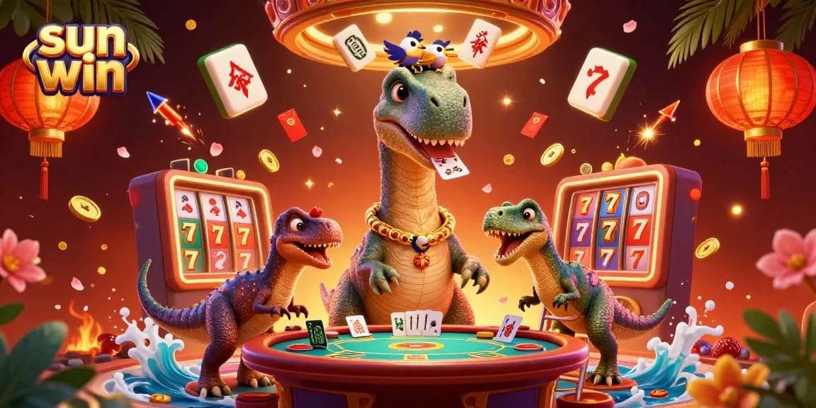 Experience sun win with a vibrant 3D casino scene featuring a giant brontosaurus and clever raptor in action.