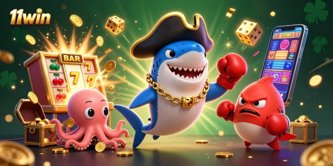 Engage in thrilling gameplay with 11win's joyful pirate shark, pufferfish, and octopus amid jackpot excitement.