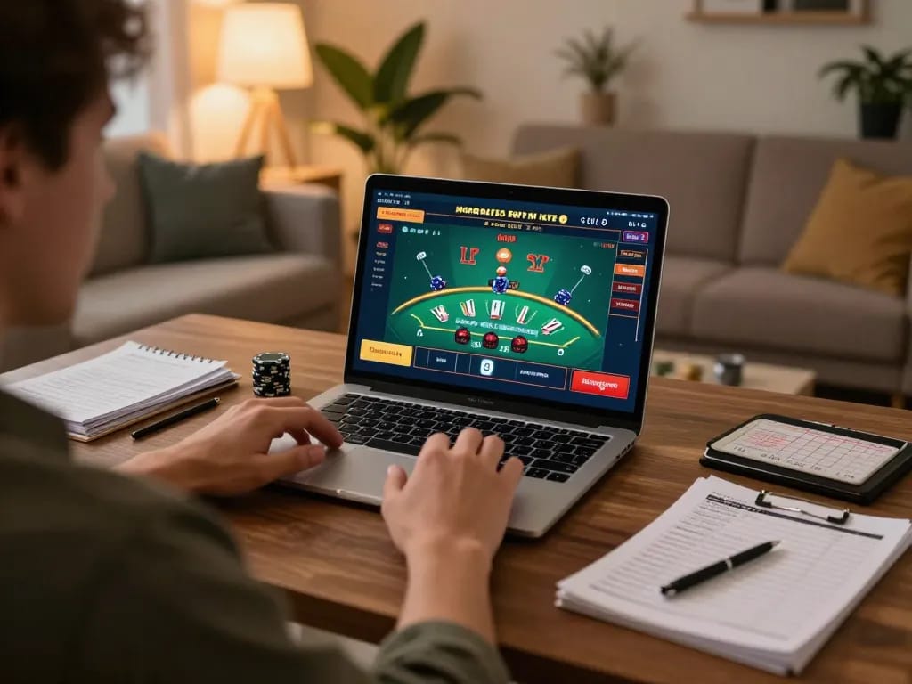 uu88 player enjoying online casino gameplay on a laptop in a cozy home setting