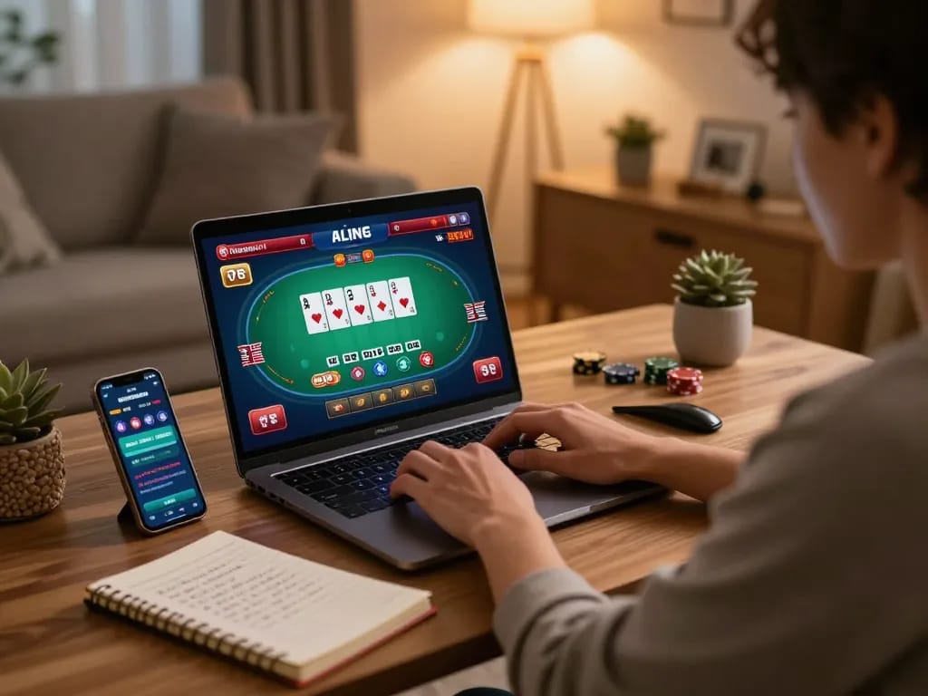 Engaged player in man club enjoying online casino poker game on laptop in cozy home.