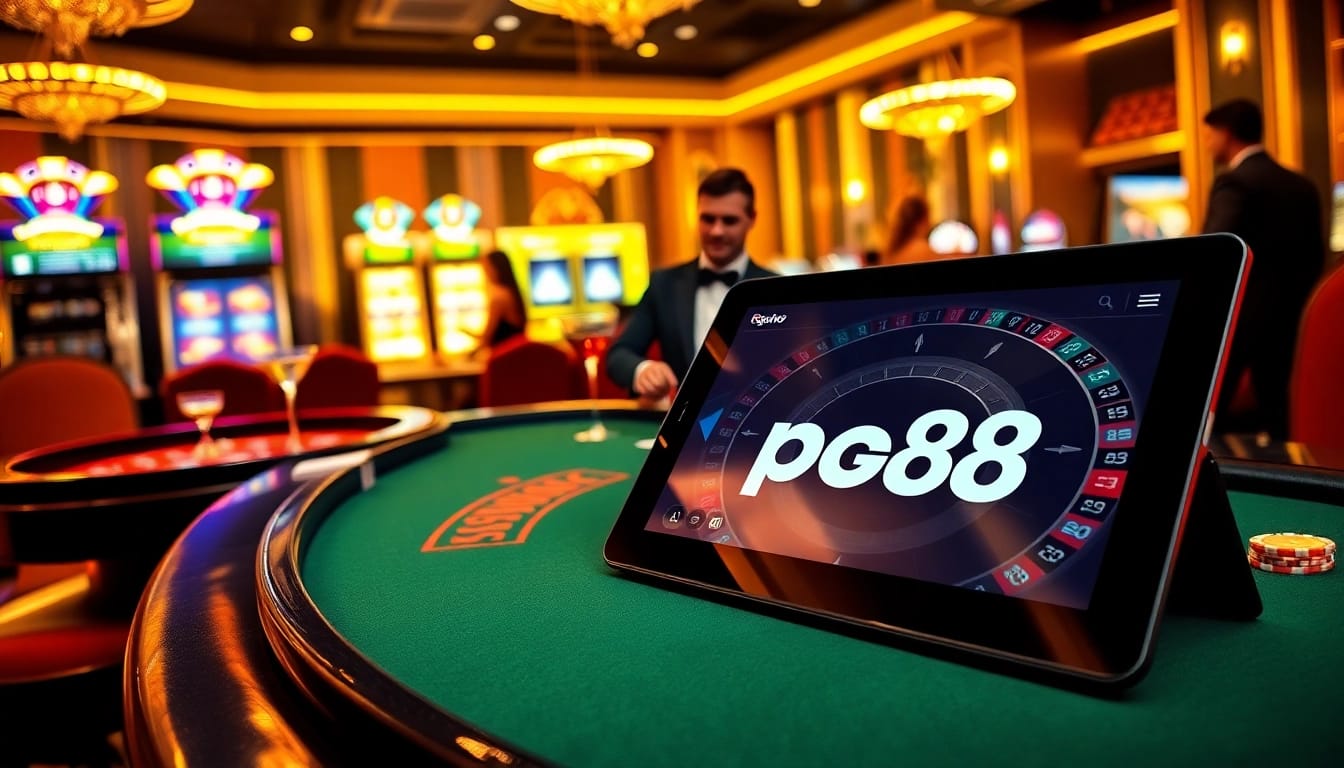Experience the thrill of pg88 at a luxurious casino, featuring poker tables, roulette wheels, and vibrant slot machines.