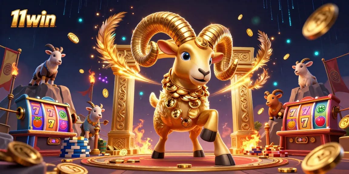 Experience the thrill of 11win with golden ram and dynamic casino elements in a vibrant scene.