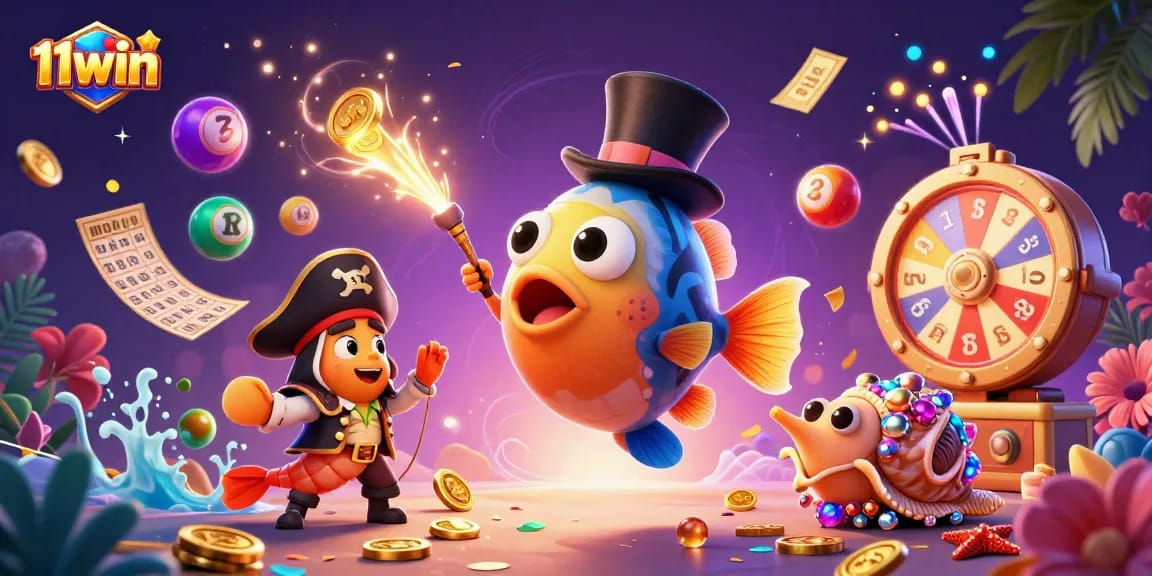 Engage with 11win's vibrant illustration featuring a deep-sea anglerfish luring gold coins amidst a treasure-filled scene.