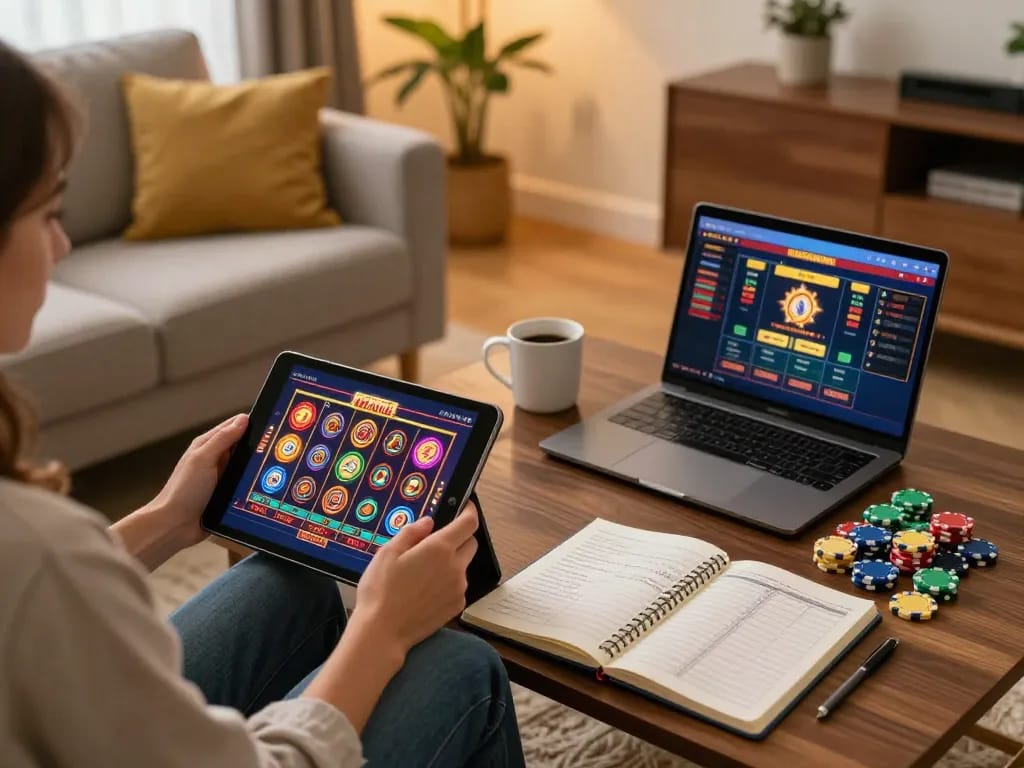 Player enjoying online slots on ko66 tablet, showcasing engaging interface and cozy atmosphere.