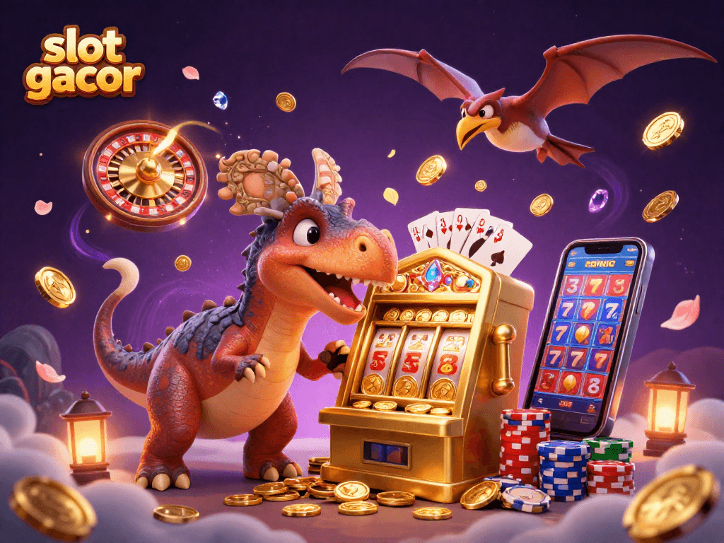 Experience the thrill of slot gacor with a pachycephalosaurus winning jackpots in a vibrant casino scene.