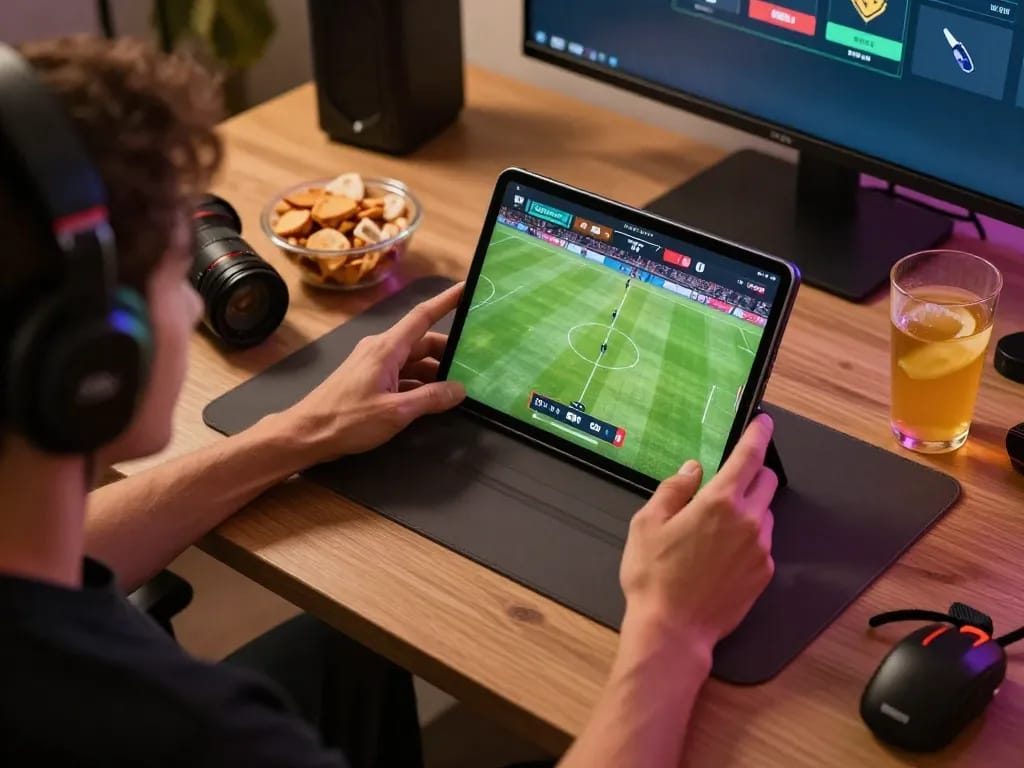 SOCOLIVE user enjoying a live football match on tablet with snacks and drinks at home.