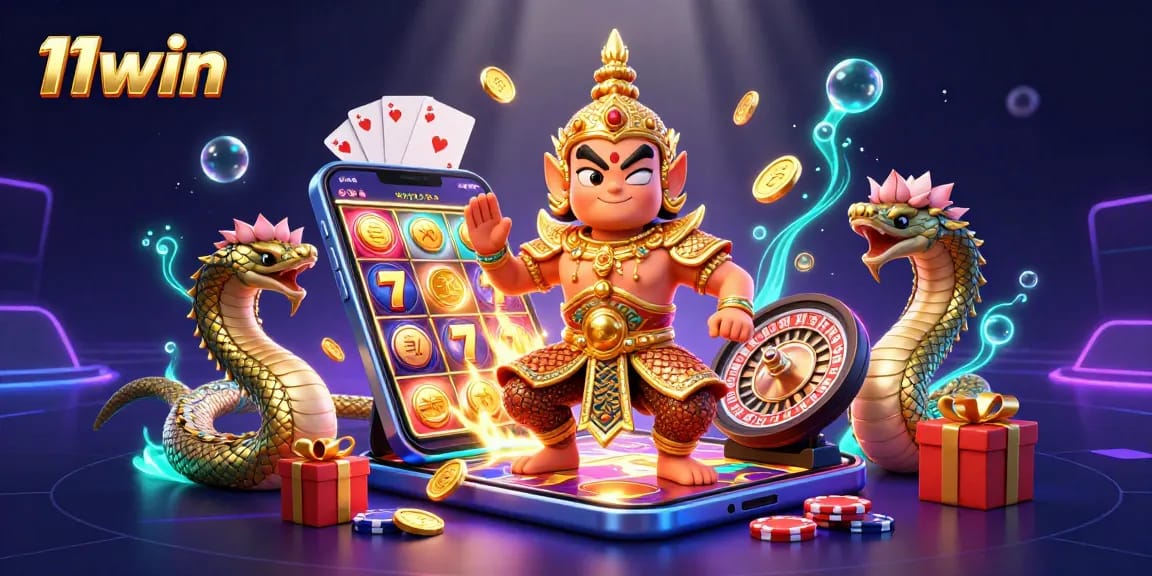 Engaging 11win scene showcasing vibrant slot game elements with Thai guardian and Naga companions