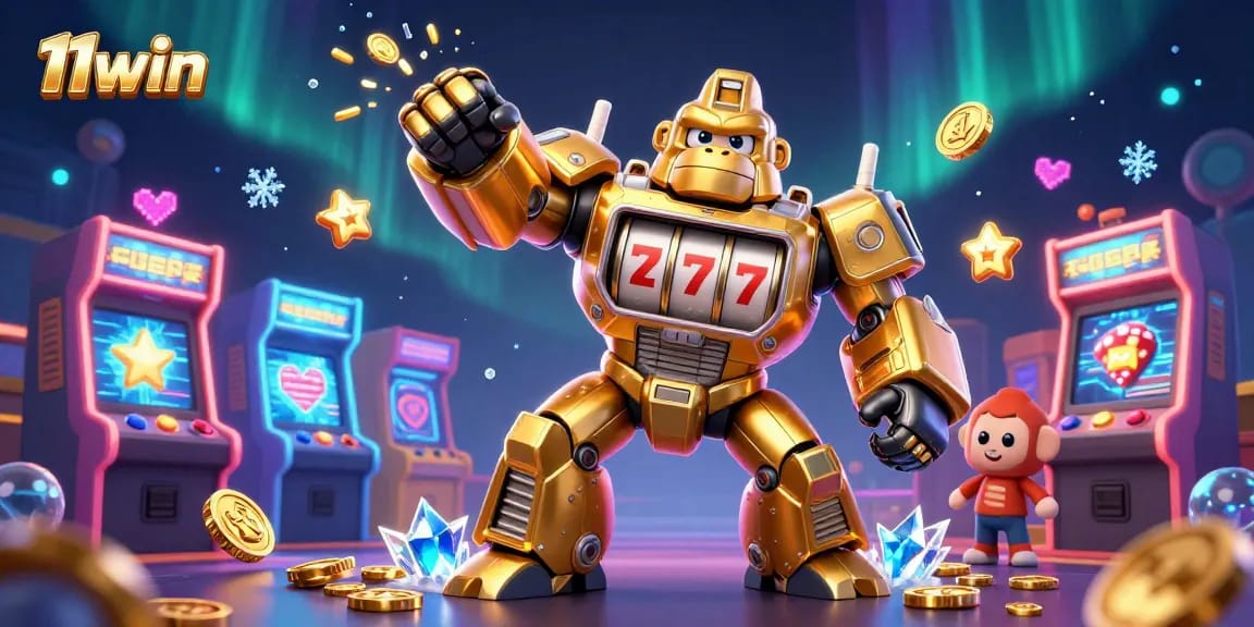 Spin the reels with excitement at 11win as the golden gorilla mech unleashes coins!
