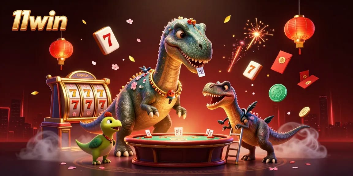 Engage in thrilling play at 11win with a whimsical 3D illustration featuring casino action and vibrant characters.