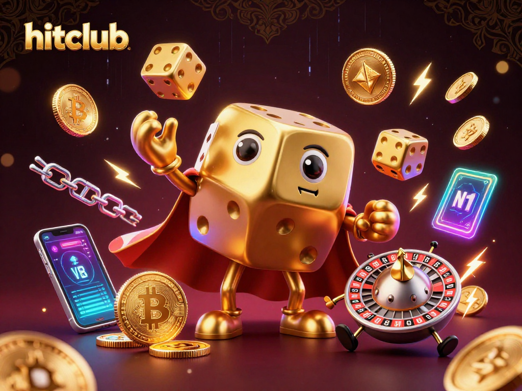 Hitclub showcases a dynamic casino scene with golden dice characters, neon crypto coins, and vibrant gaming elements.