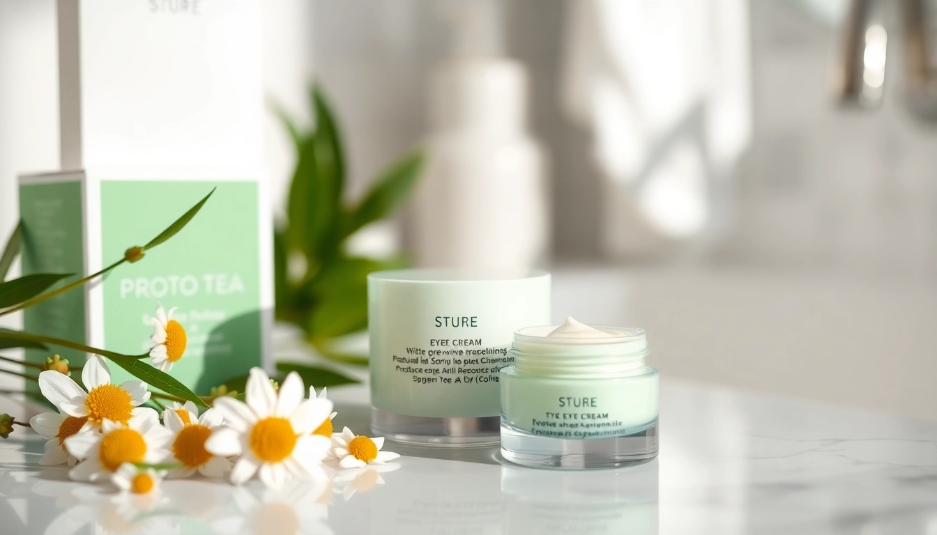 Eye cream with peptides showcased alongside natural ingredients for a refreshing skincare routine.