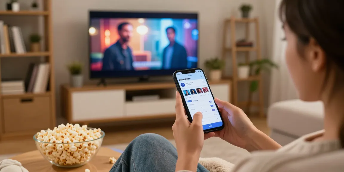 Pikashow APK interface on smartphone in a cozy home entertainment setup with popcorn and vibrant TV scenes.