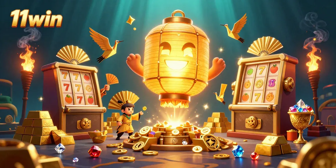 Experience thrilling excitement with 11win in a vibrant casino scene filled with slot games and golden treasures.