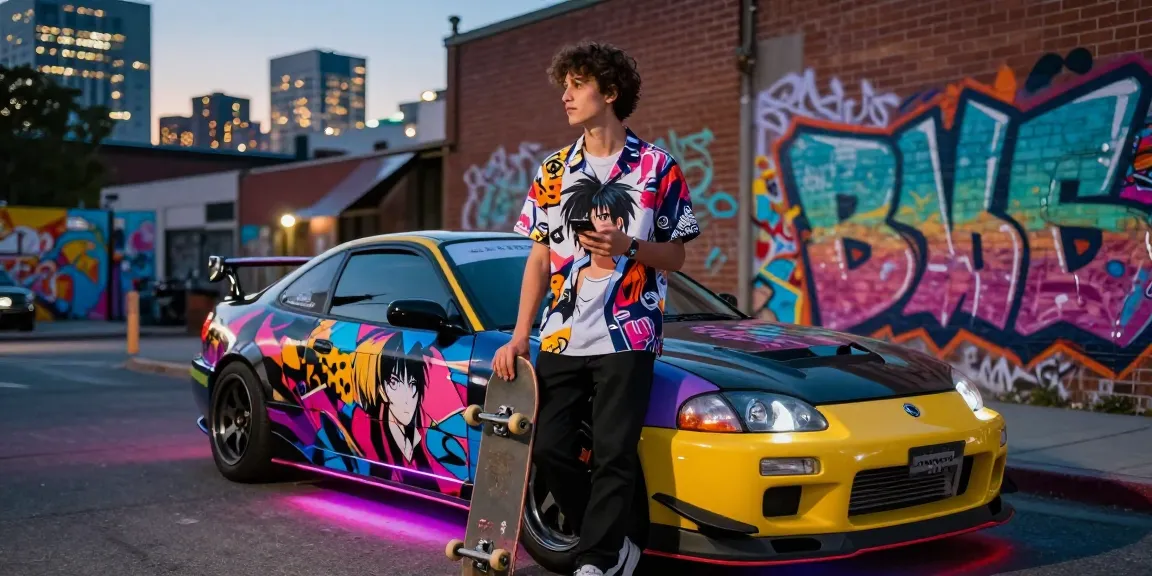 Youthful person wearing an anime jdm shirt beside a customized sport car in an urban setting.