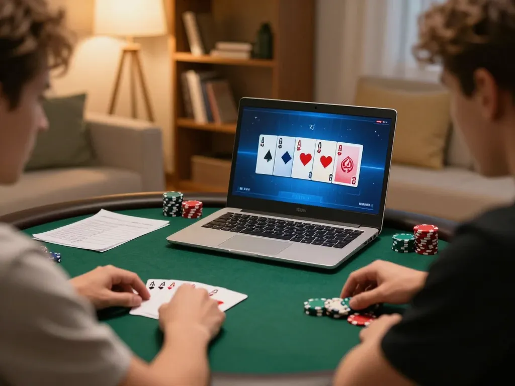 Players strategizing in an online poker game on fly88, showcasing dynamic gameplay and analysis.
