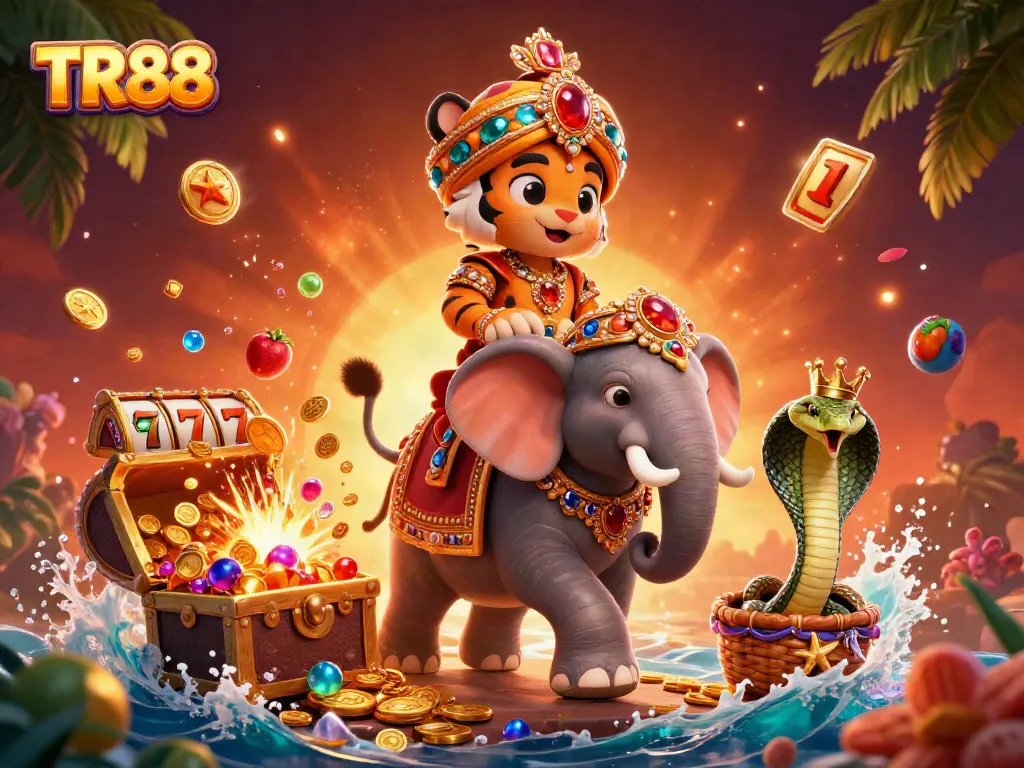 TR88 immersive casino scene with an ornate maharaja tiger and vibrant slot elements.