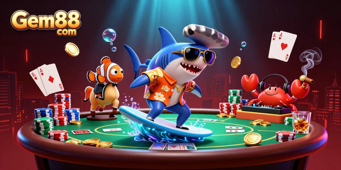 Experience excitement with Gem88 com as a shark surfs coins and cards in a vibrant underwater casino scene.
