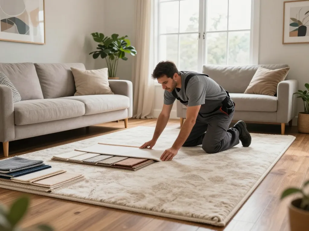 Professional carpet fitters near me installing cozy carpet in bright living room